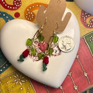 Elegant Red and Green Rose Earrings